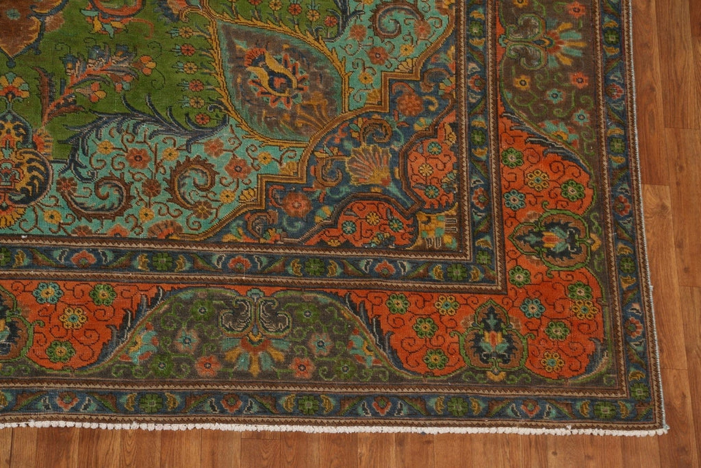 Distressed Green Tabriz Persian Area Rug 10x13