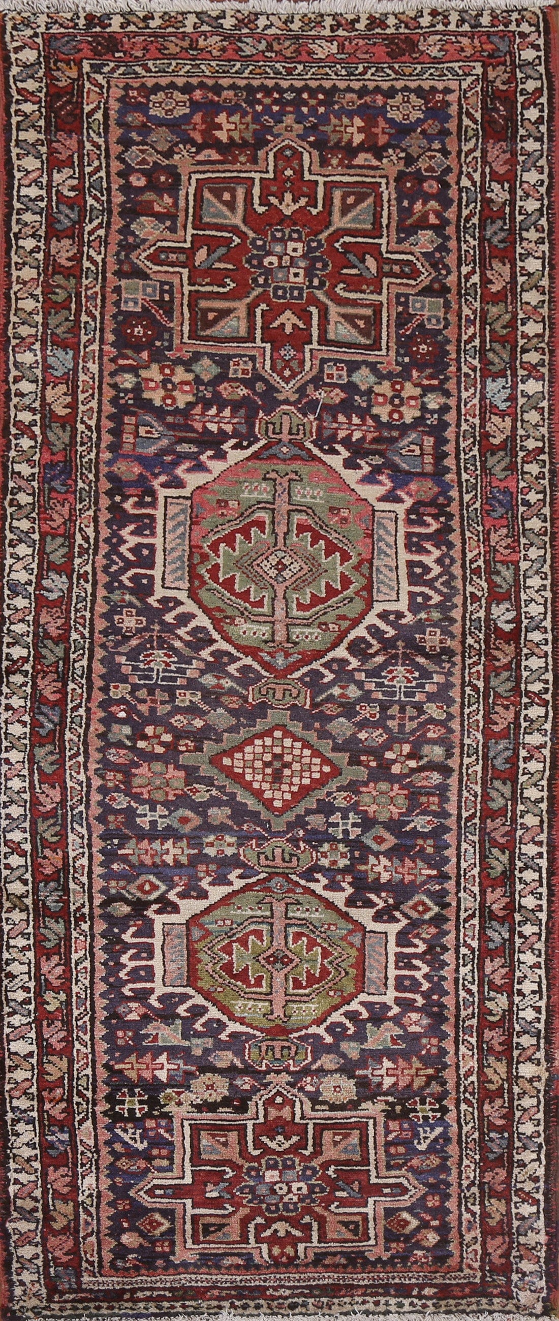 Vintage Geometric Gharajeh Persian Runner Rug 3x7