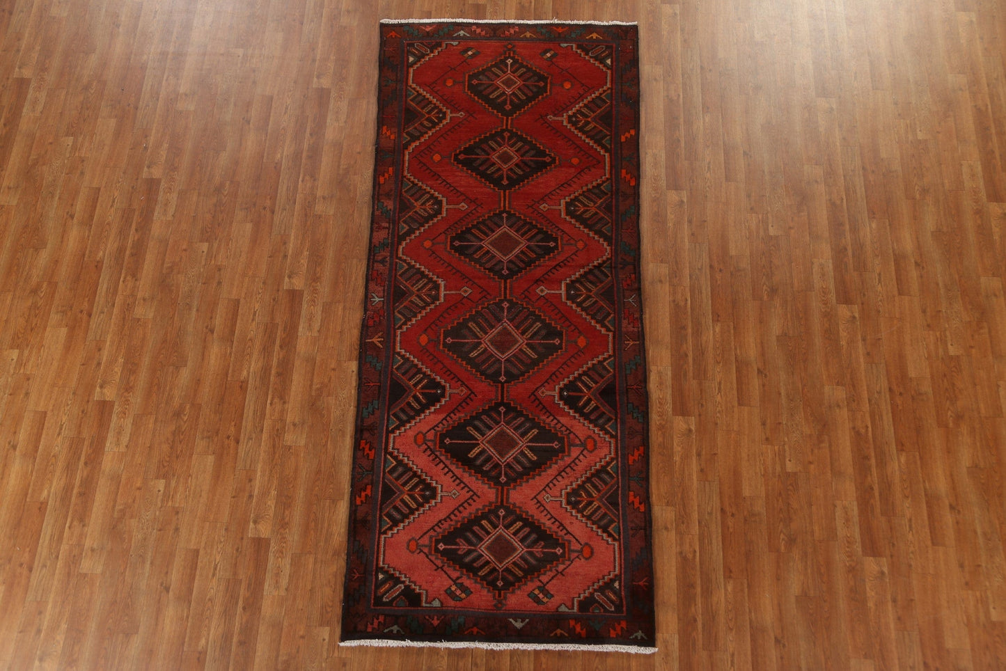 Red Geometric Hamedan Persian Runner Rug 4x9