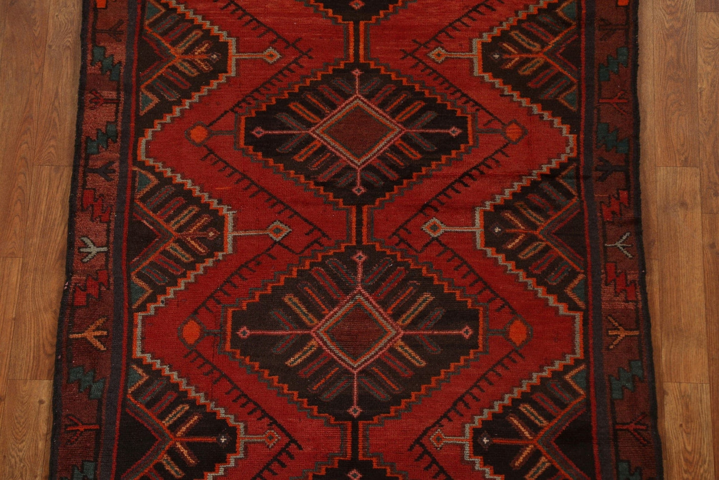 Red Geometric Hamedan Persian Runner Rug 4x9