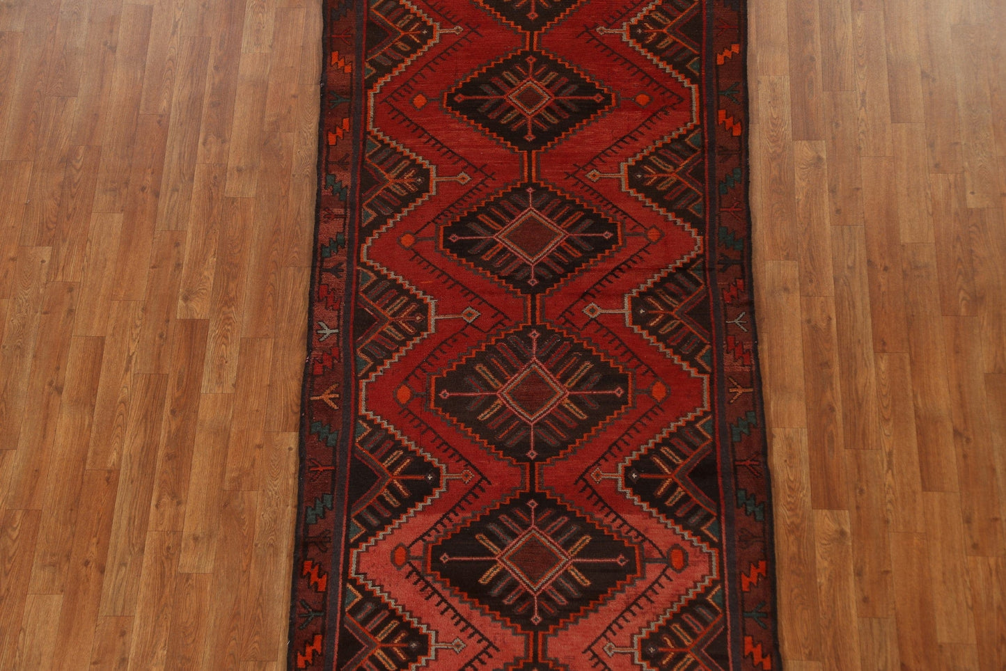 Red Geometric Hamedan Persian Runner Rug 4x9