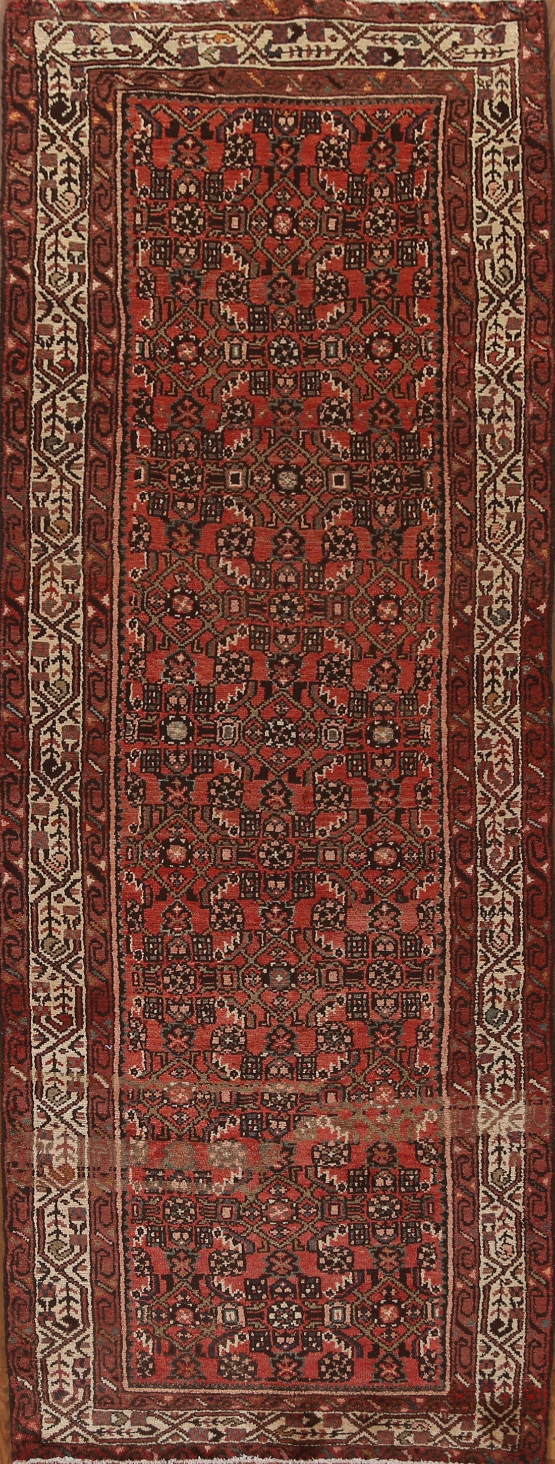 Vintage Geometric Hamedan Persian Runner Rug 3x9