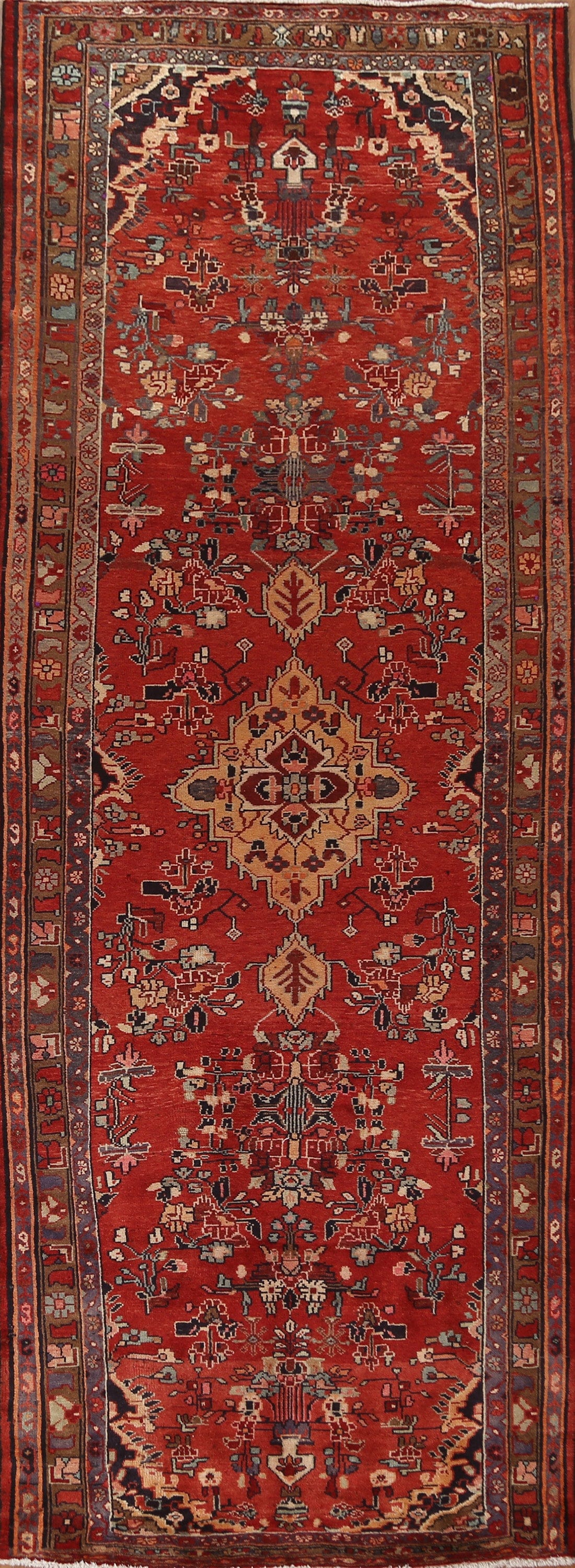 Red Wool Hamedan Persian Runner Rug 4x12