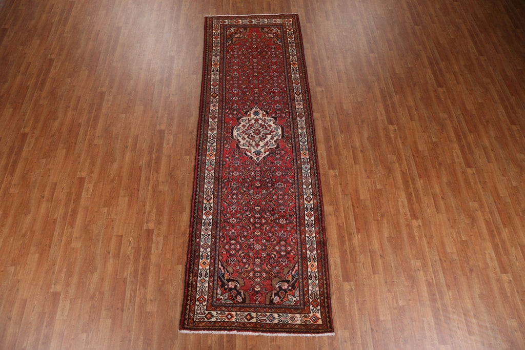 Geometric Red Hamedan Persian Runner Rug 4x11