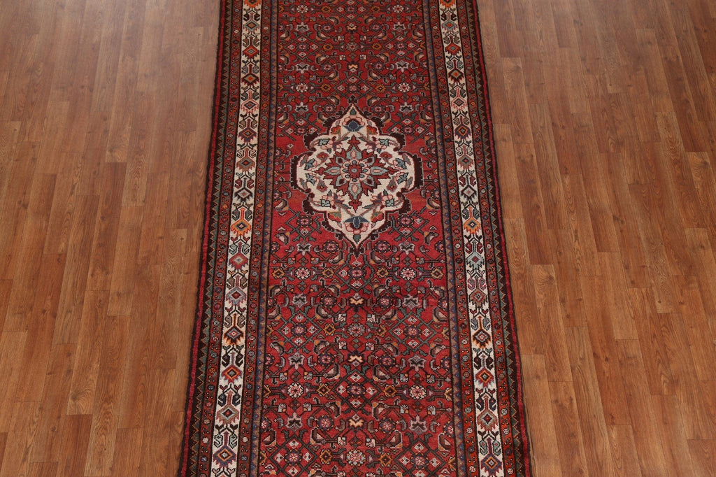 Geometric Red Hamedan Persian Runner Rug 4x11