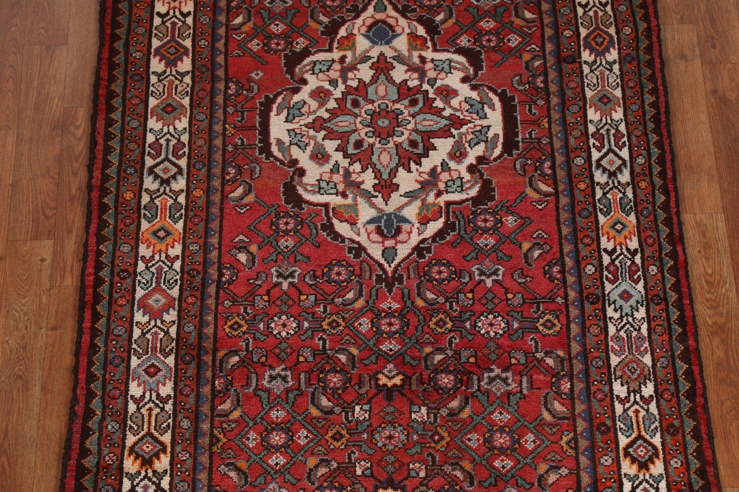 Geometric Red Hamedan Persian Runner Rug 4x11