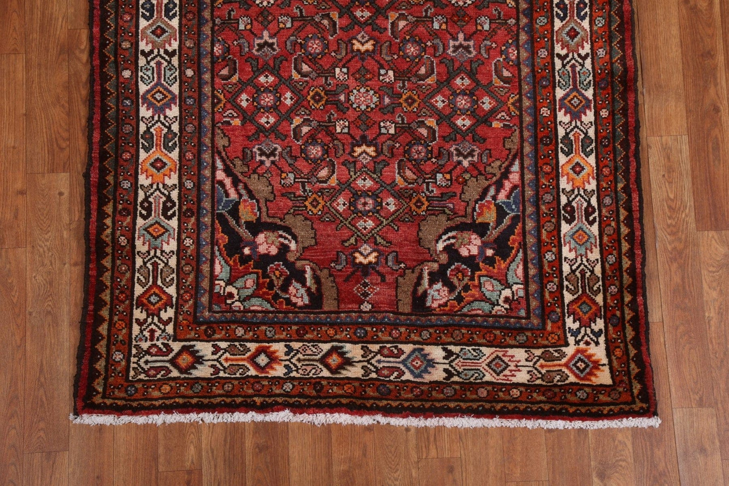 Geometric Red Hamedan Persian Runner Rug 4x11