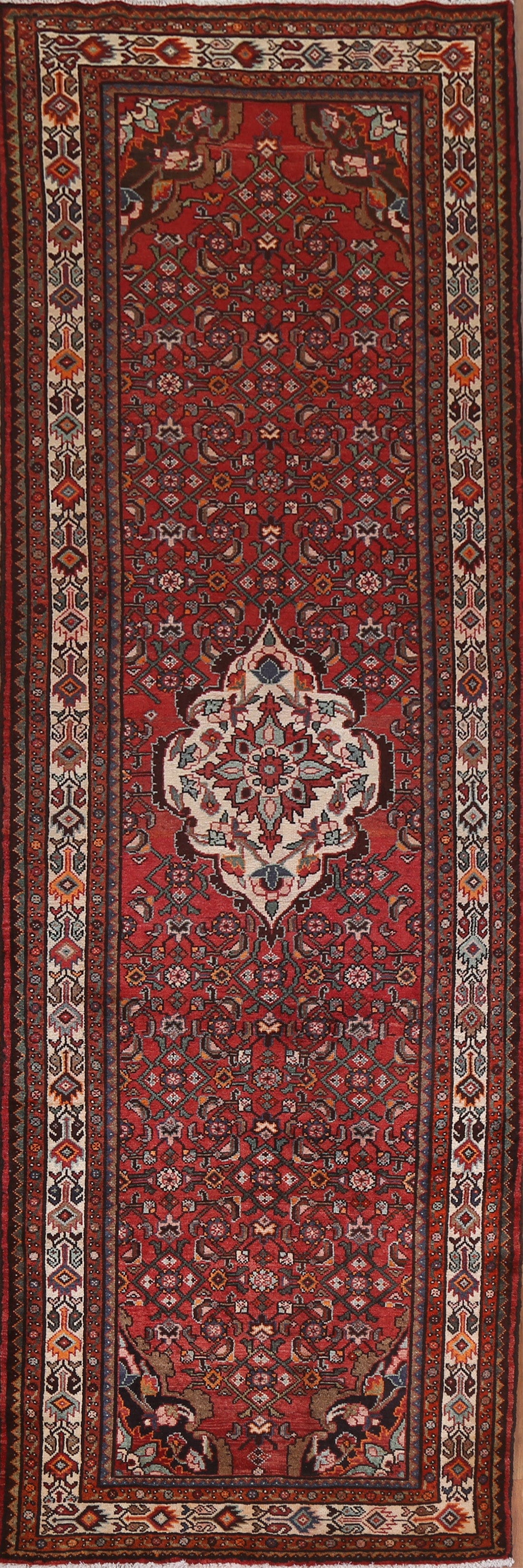 Geometric Red Hamedan Persian Runner Rug 4x11