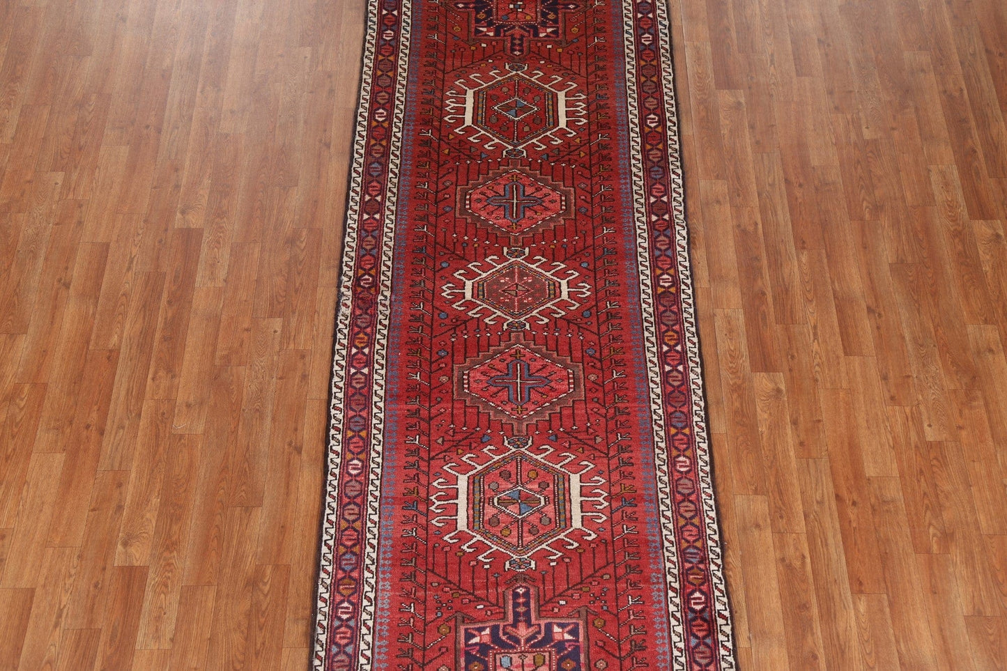 Red Geometric Heriz Persian Runner Rug 3x10