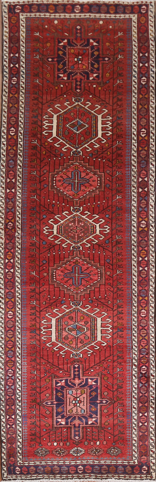 Red Geometric Heriz Persian Runner Rug 3x10