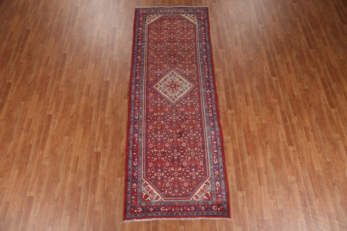 Geometric Red Hamedan Persian Runner Rug 4x10