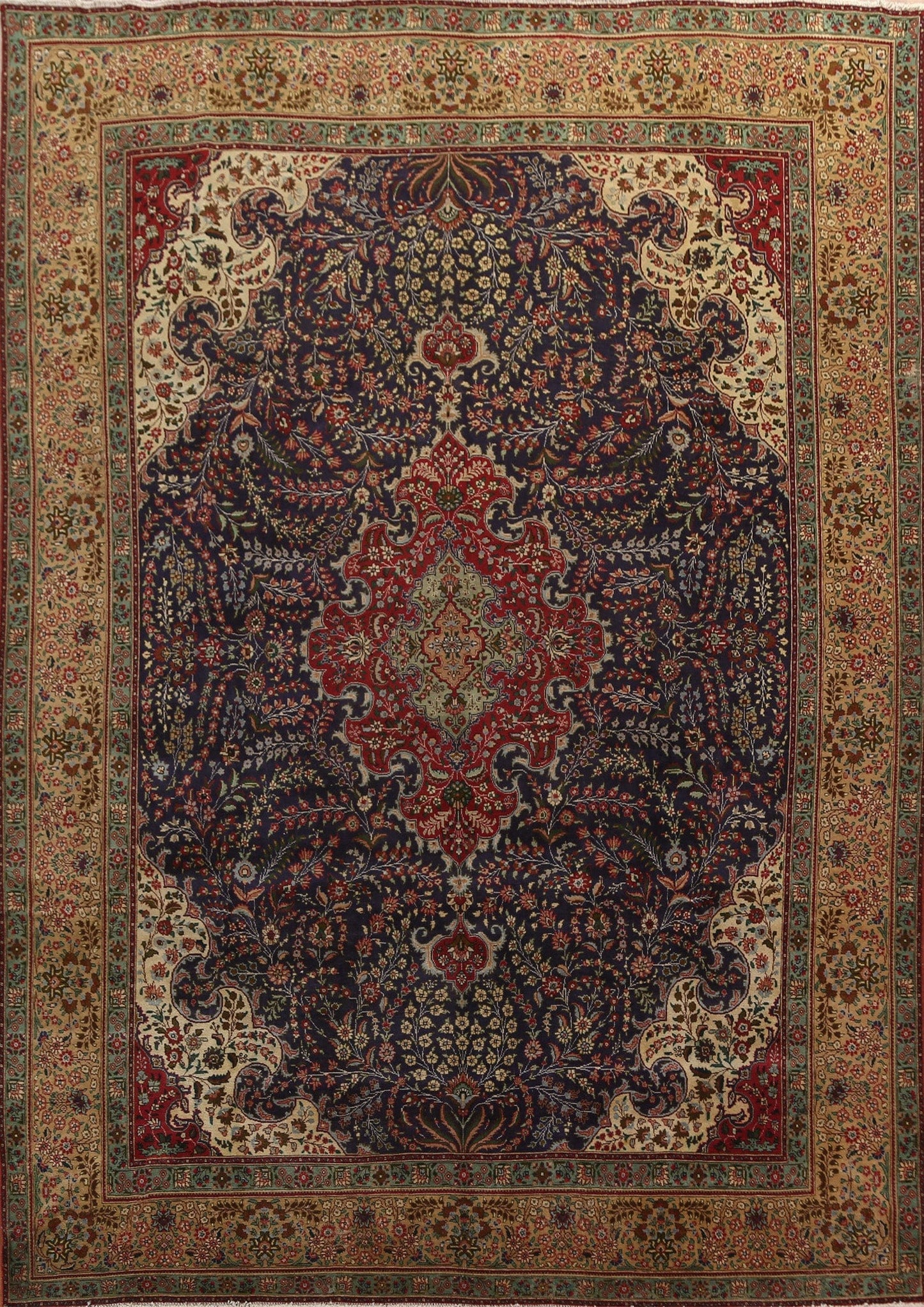 Navy Blue Floral Tabriz Persian Area Rug 10x13