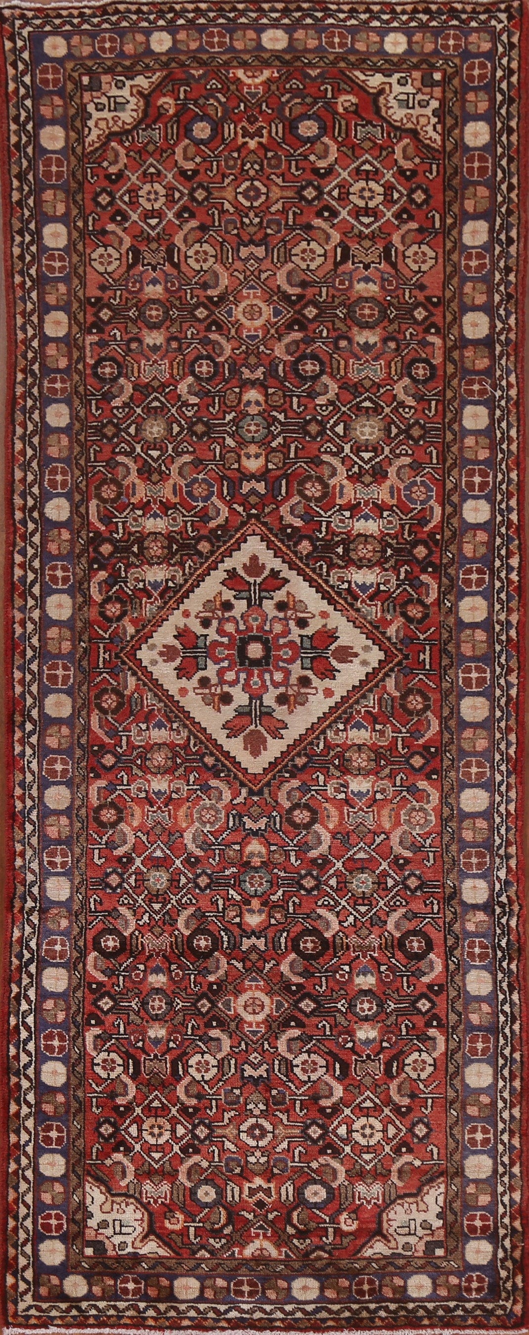 Vintage Geometric Hamedan Persian Runner Rug 3x9