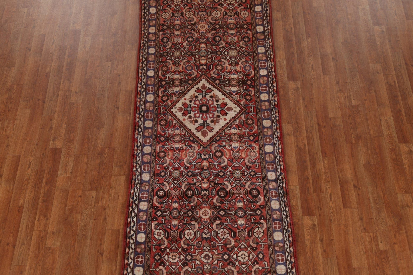 Vintage Geometric Hamedan Persian Runner Rug 3x9