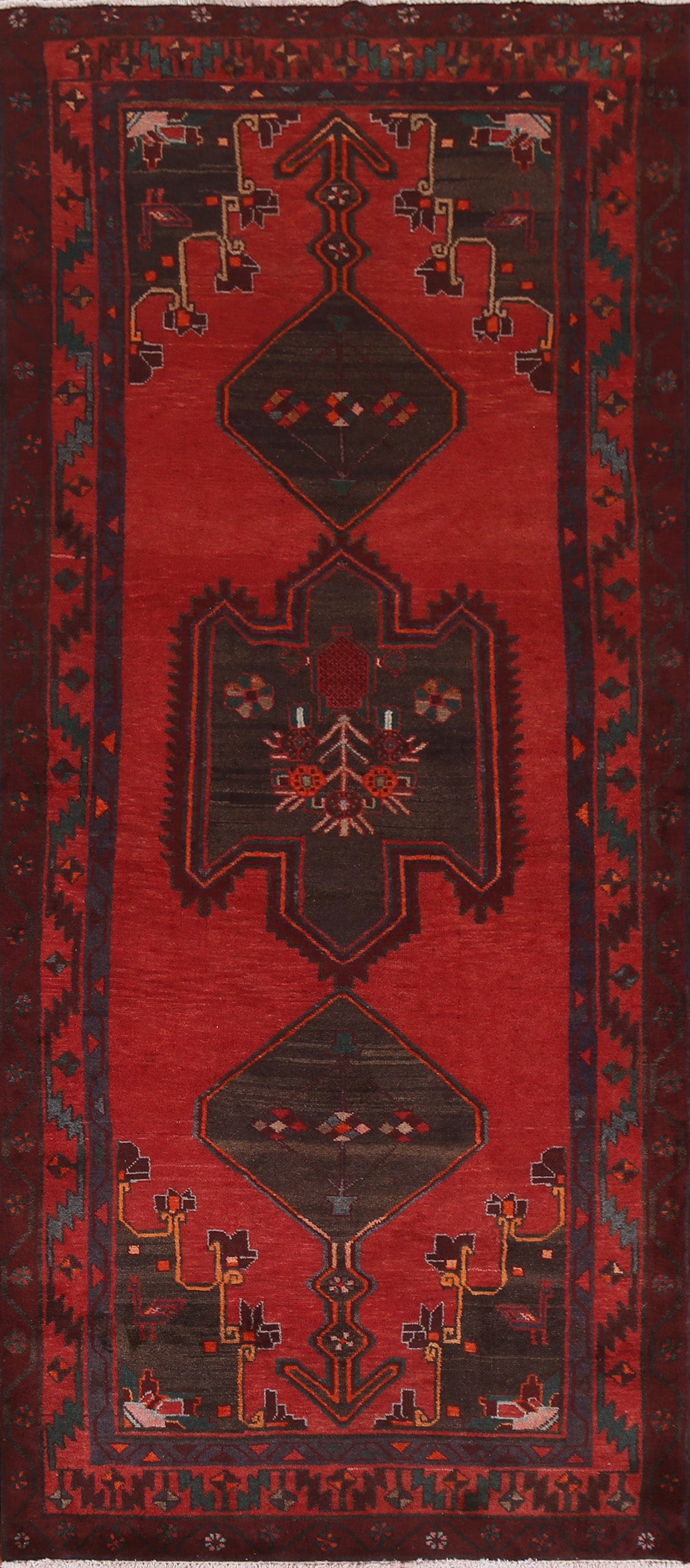 Red Geometric Meshkin Persian Runner Rug 4x9