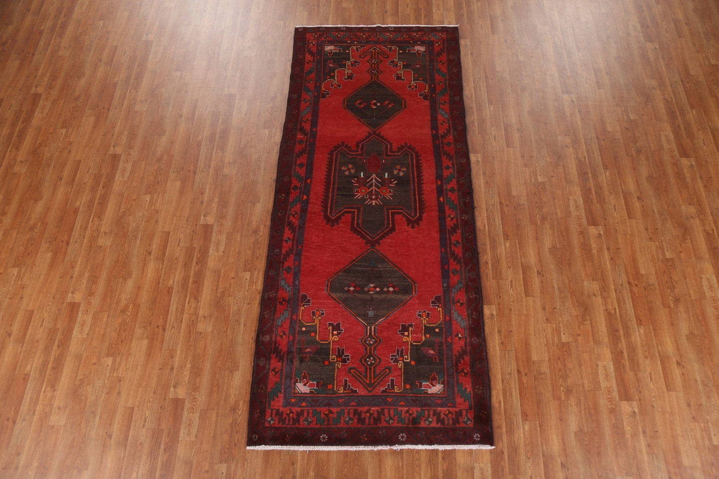 Red Geometric Meshkin Persian Runner Rug 4x9