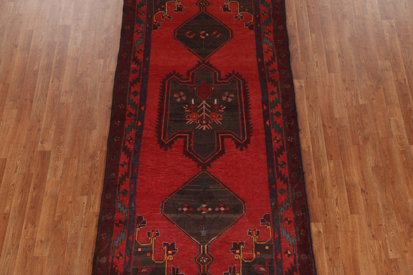 Red Geometric Meshkin Persian Runner Rug 4x9