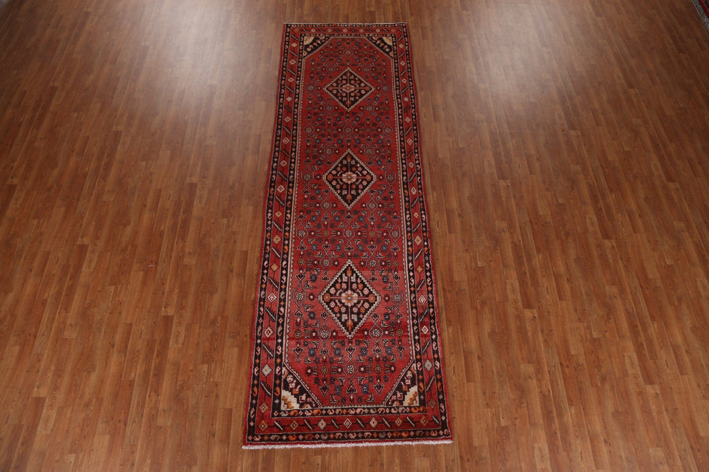 Geometric Red Hamedan Persian Runner Rug 4x12