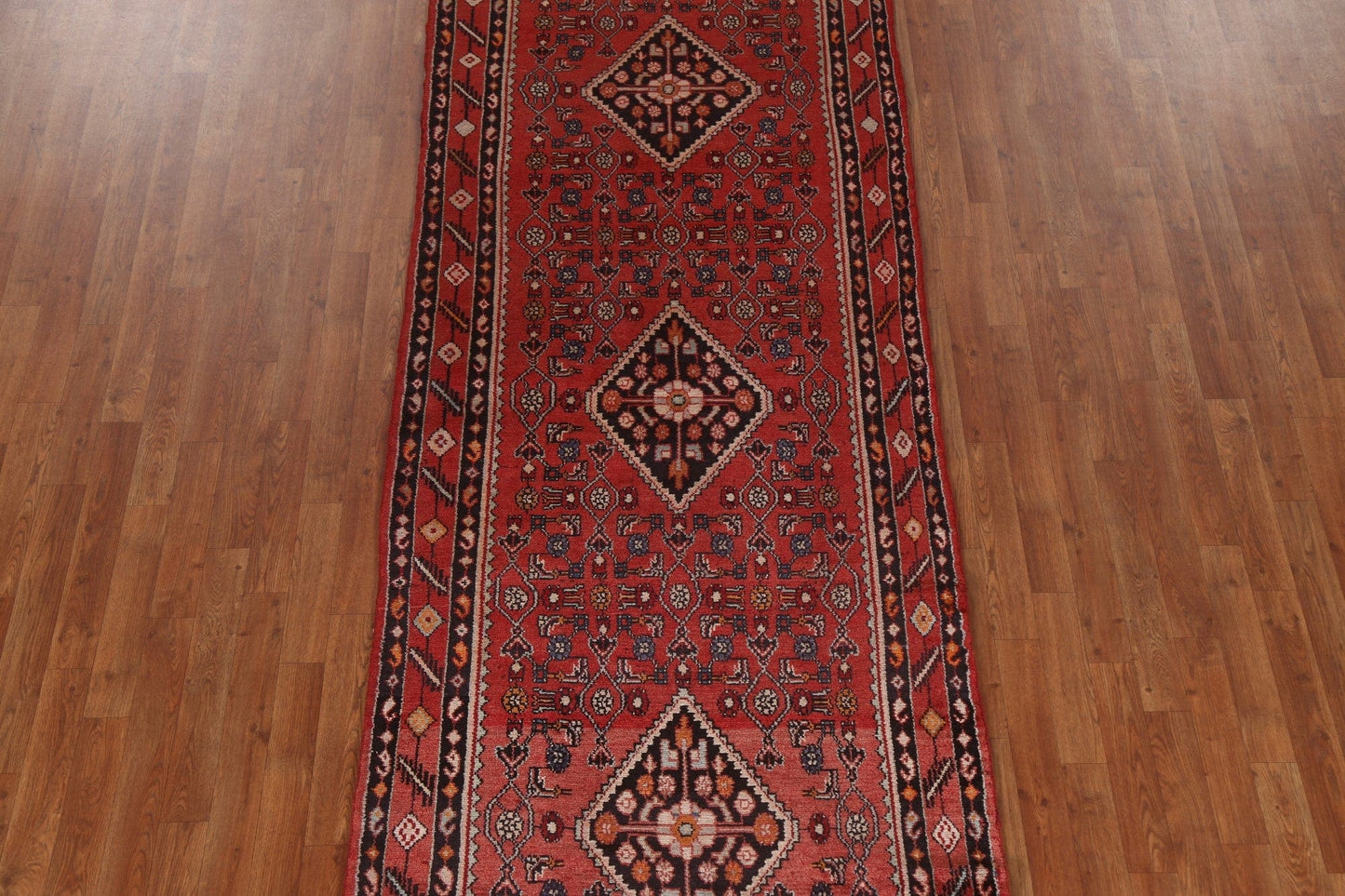 Geometric Red Hamedan Persian Runner Rug 4x12