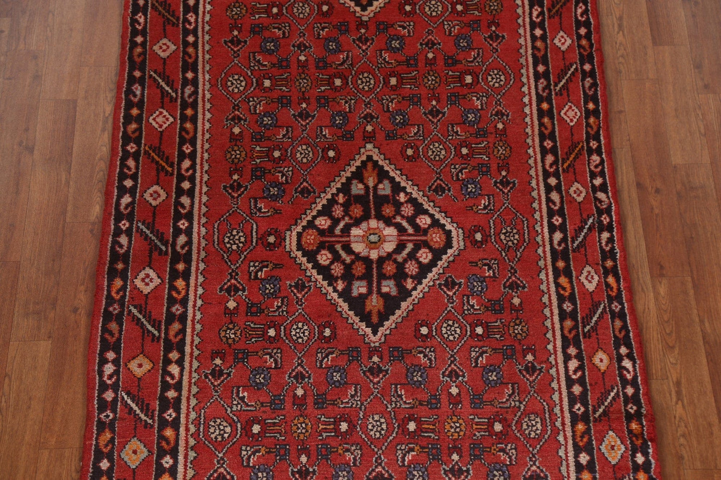 Geometric Red Hamedan Persian Runner Rug 4x12