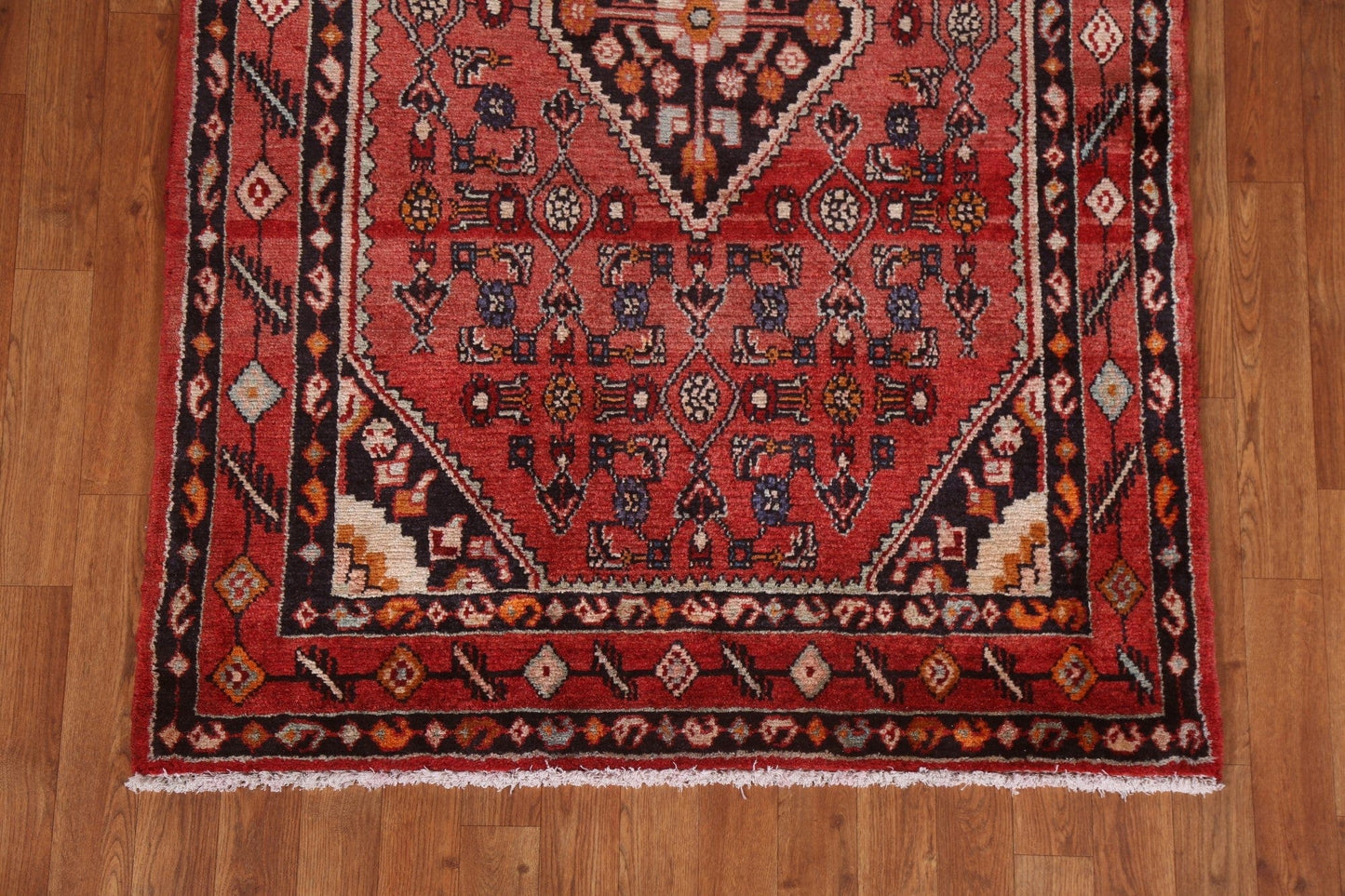 Geometric Red Hamedan Persian Runner Rug 4x12