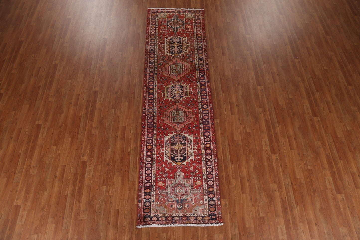 Geometric Red Heriz Persian Runner Rug 3x11