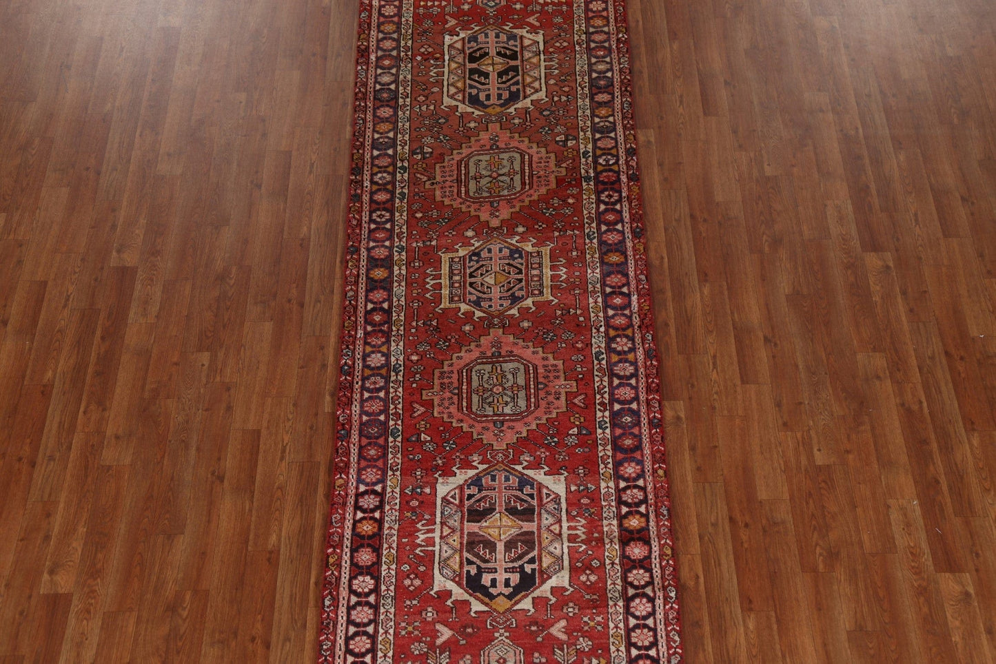 Geometric Red Heriz Persian Runner Rug 3x11