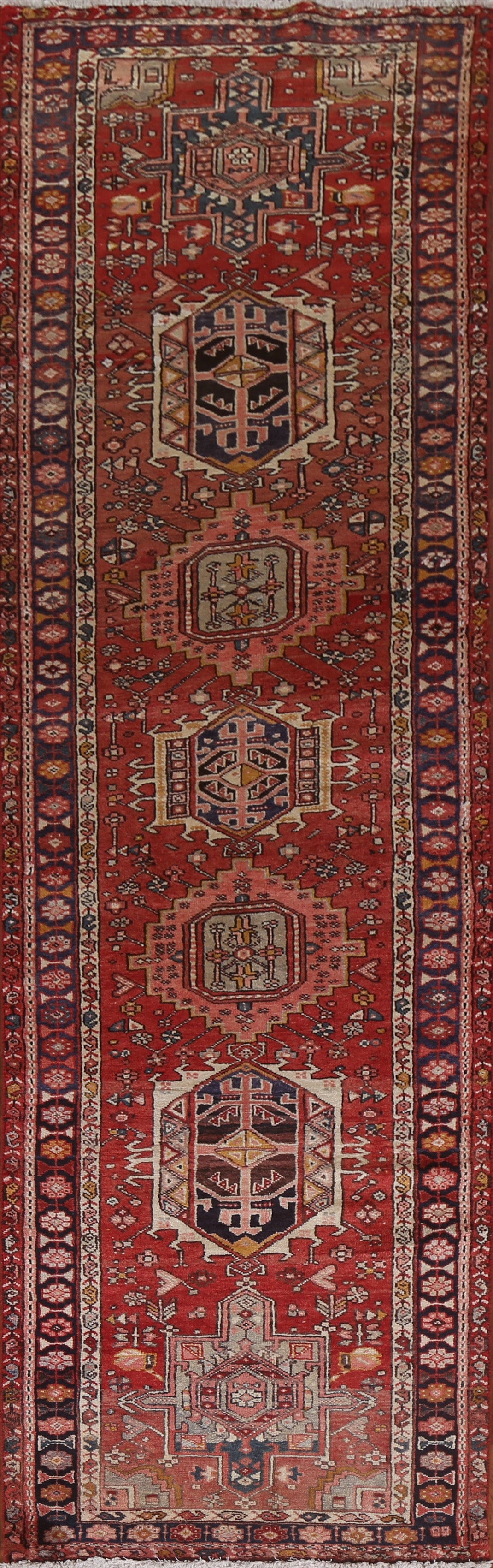 Geometric Red Heriz Persian Runner Rug 3x11