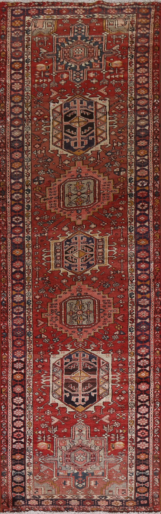 Geometric Red Heriz Persian Runner Rug 3x11