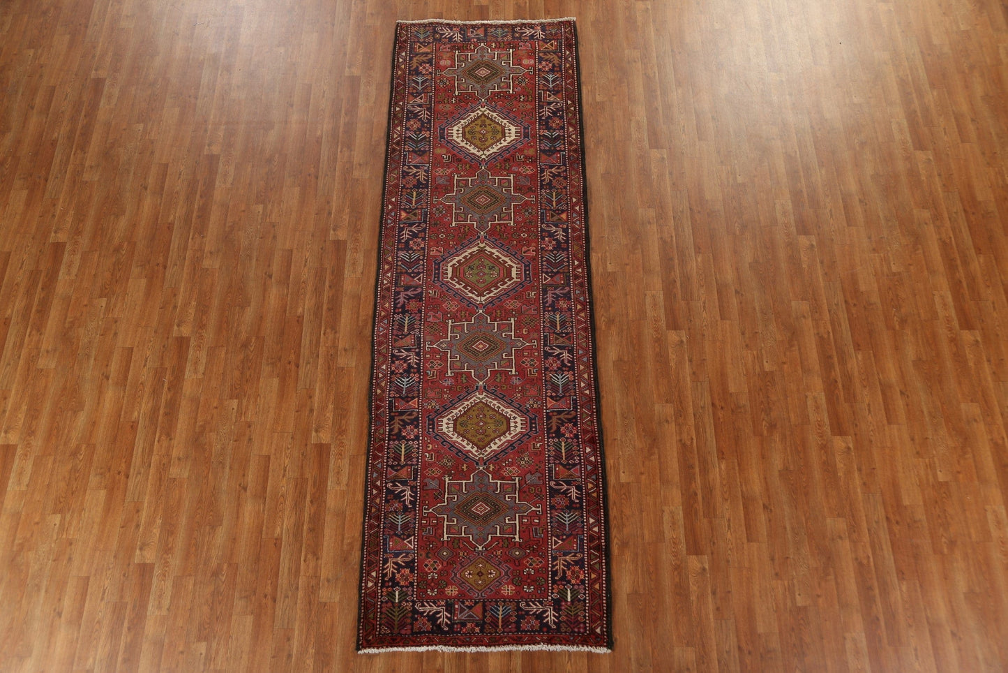 Red Geometric Heriz Persian Runner Rug 3x10