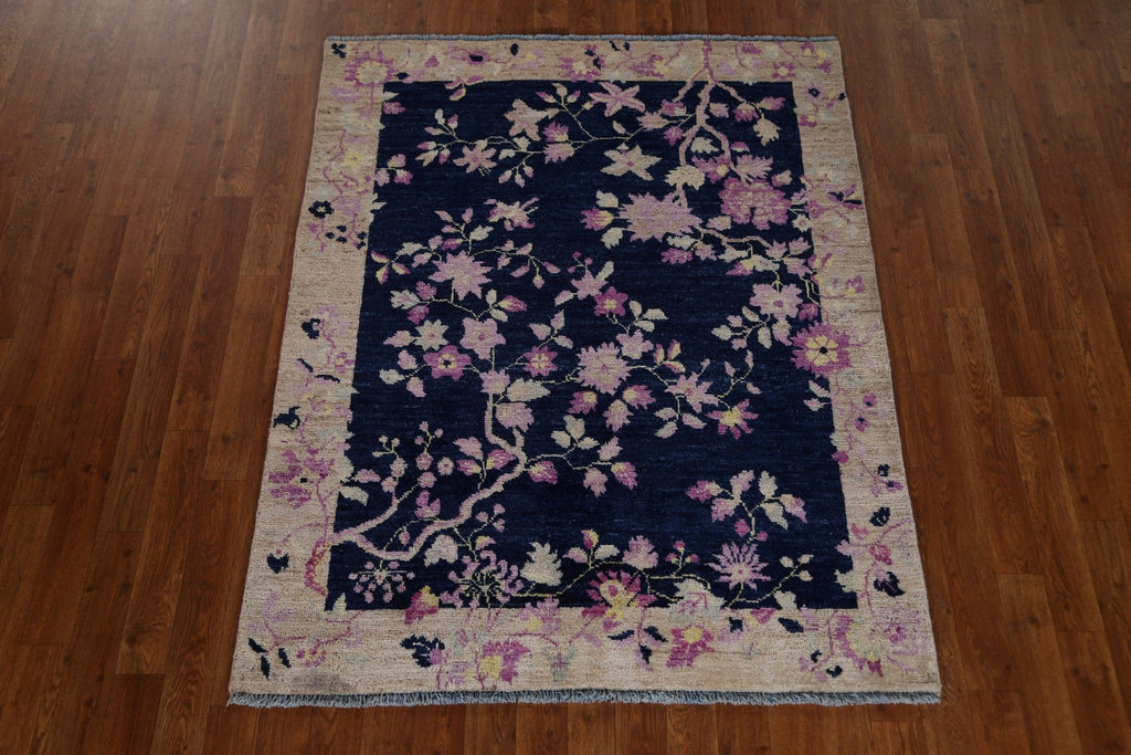 Navy Blue Floral Art Deco Oriental Area Rug 4x5