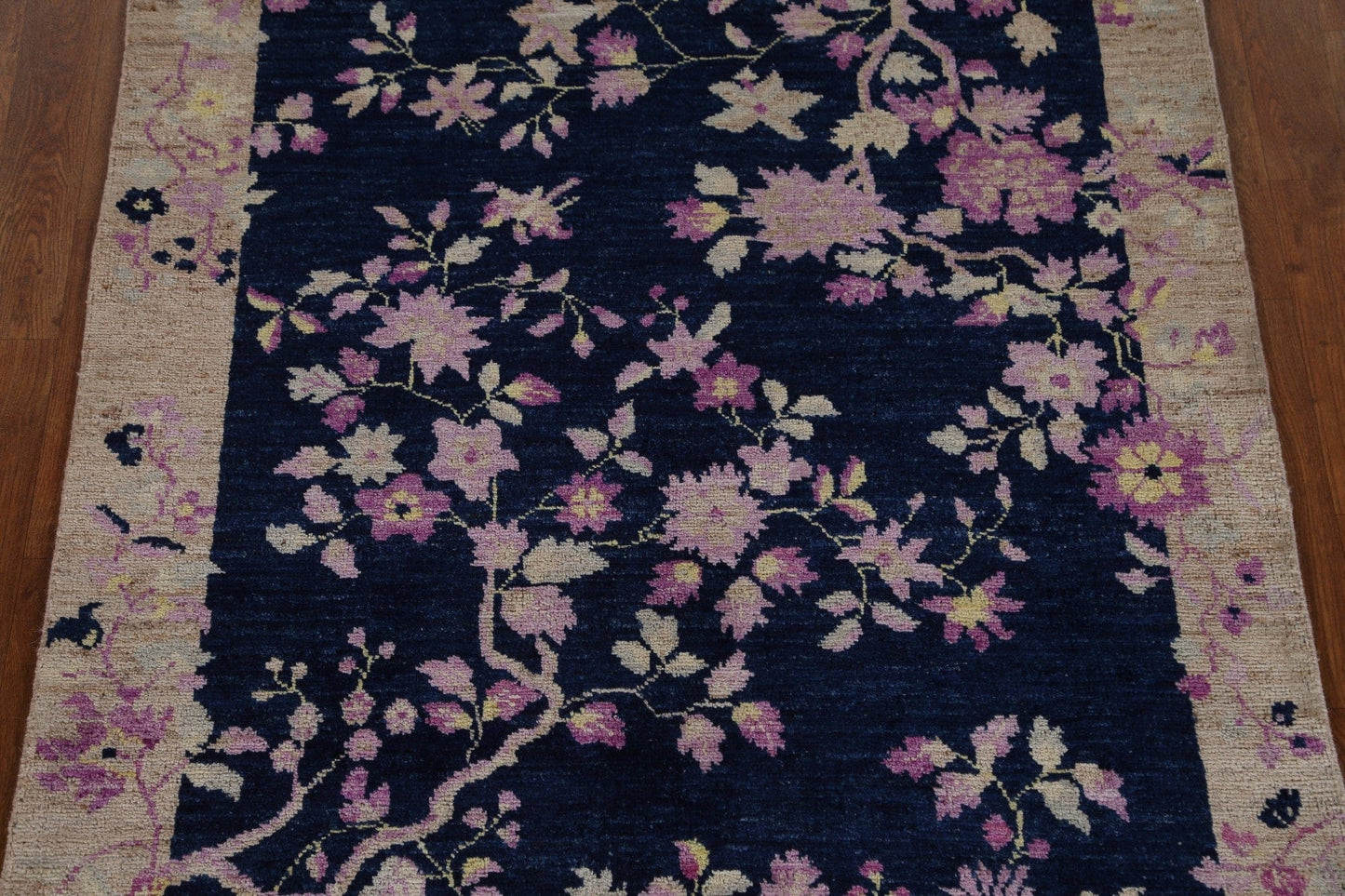 Navy Blue Floral Art Deco Oriental Area Rug 4x5