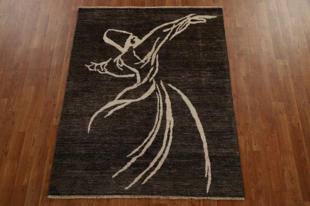 Brown Wool Abstract Oriental Area Rug 4x5