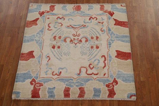 Handmade Art Deco Oriental Square Rug 4x4