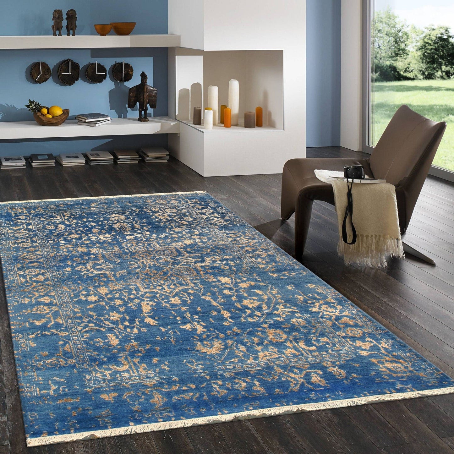 Pasargad Home Transitional Collection Hand Knotted Bsilk & Wool Area Rug, 4' 1" X 6' 2", Blue/Gold