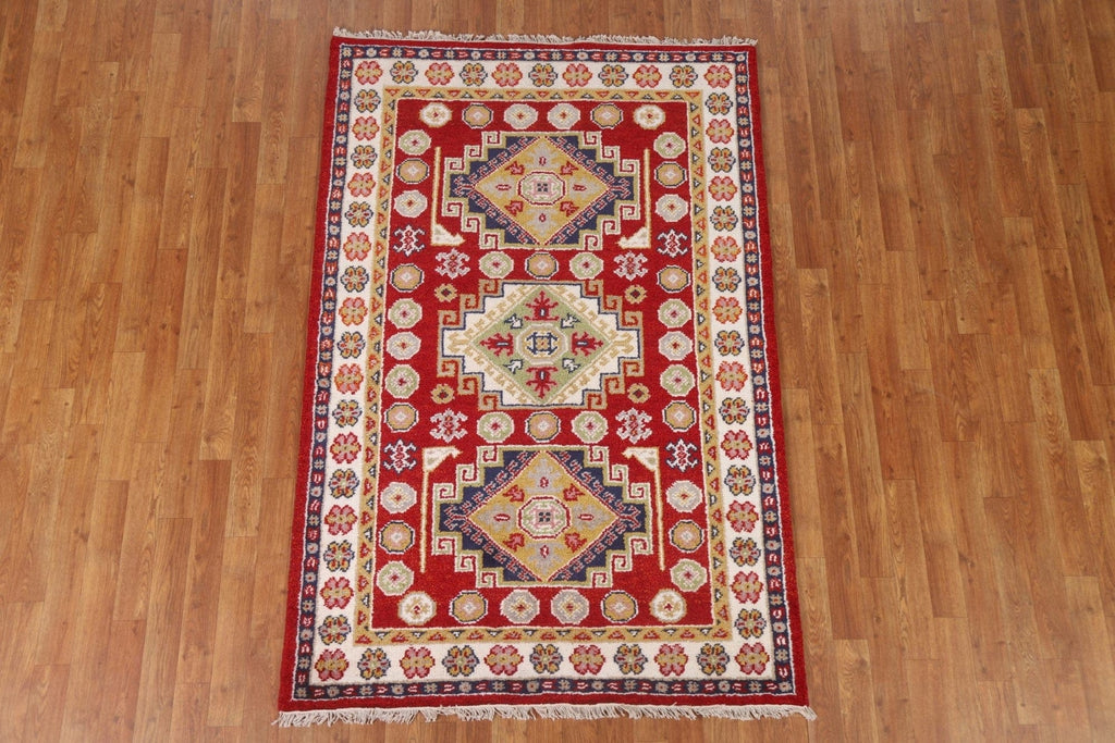 Red Geometric Kazak Oriental Area Rug 4x6