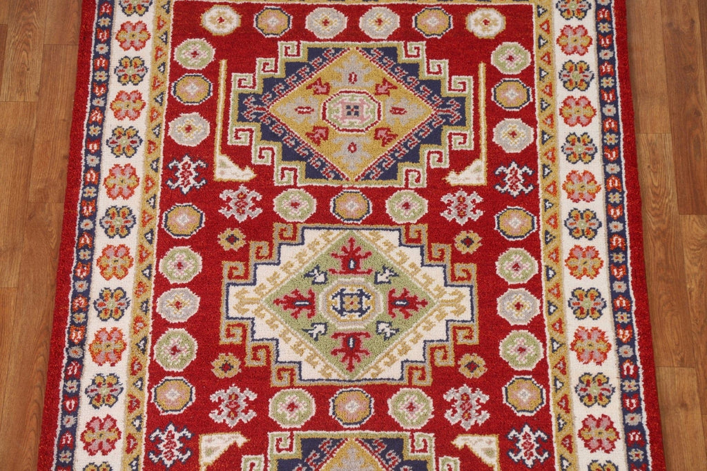 Red Geometric Kazak Oriental Area Rug 4x6