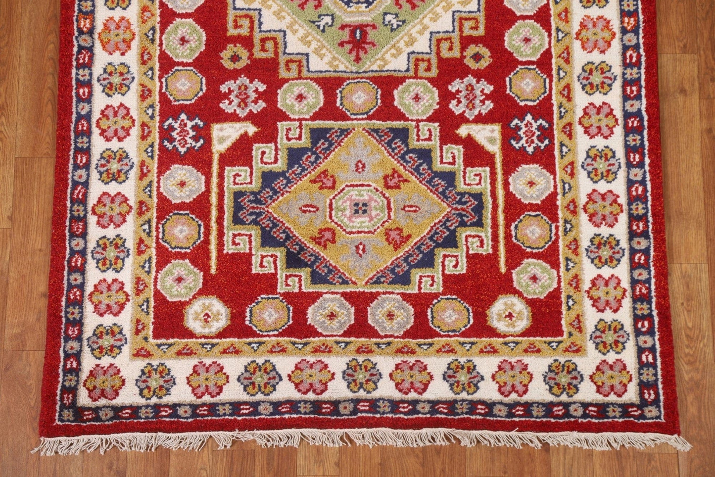 Red Geometric Kazak Oriental Area Rug 4x6