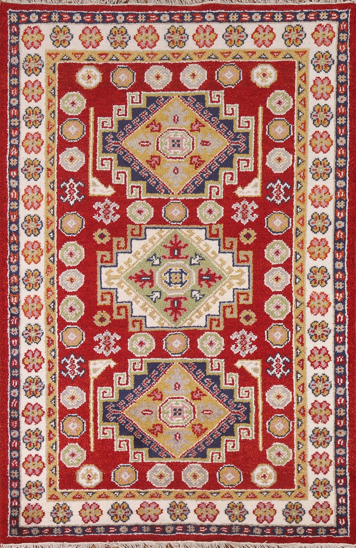 Red Geometric Kazak Oriental Area Rug 4x6