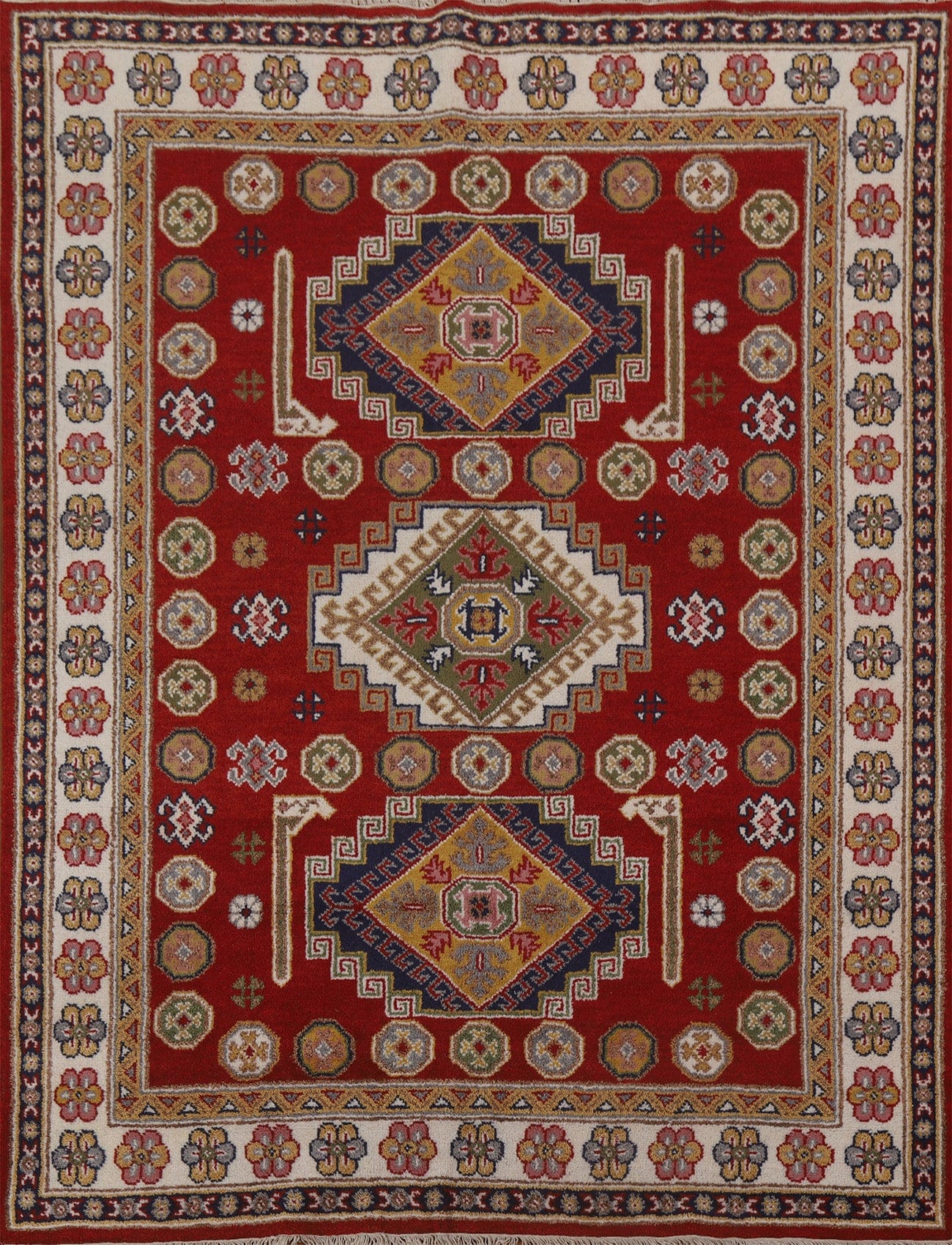 Red Geometric Kazak Oriental Area Rug 7x8