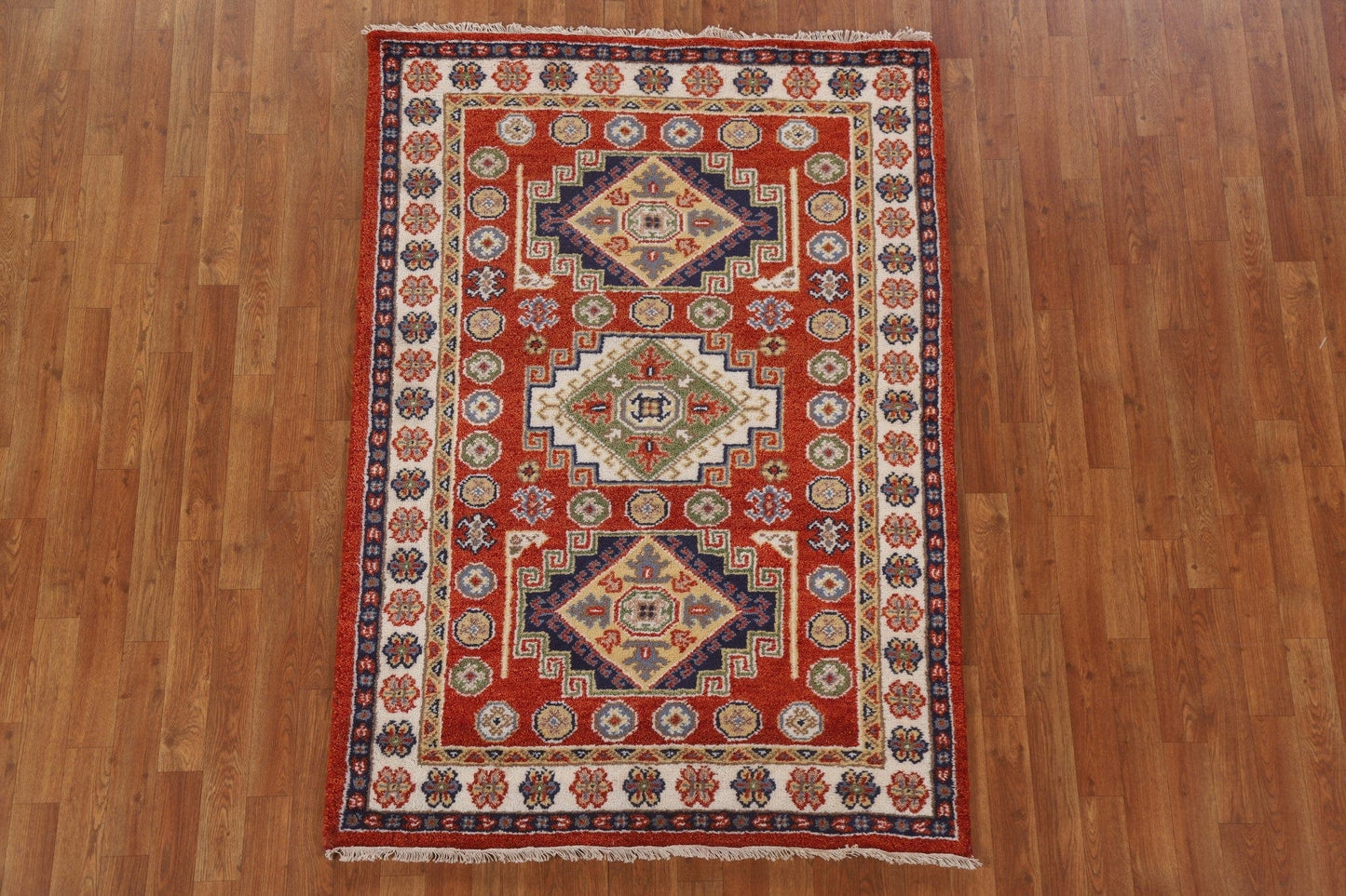 Hand-Knotted Wool Kazak Oriental Area Rug 4x6