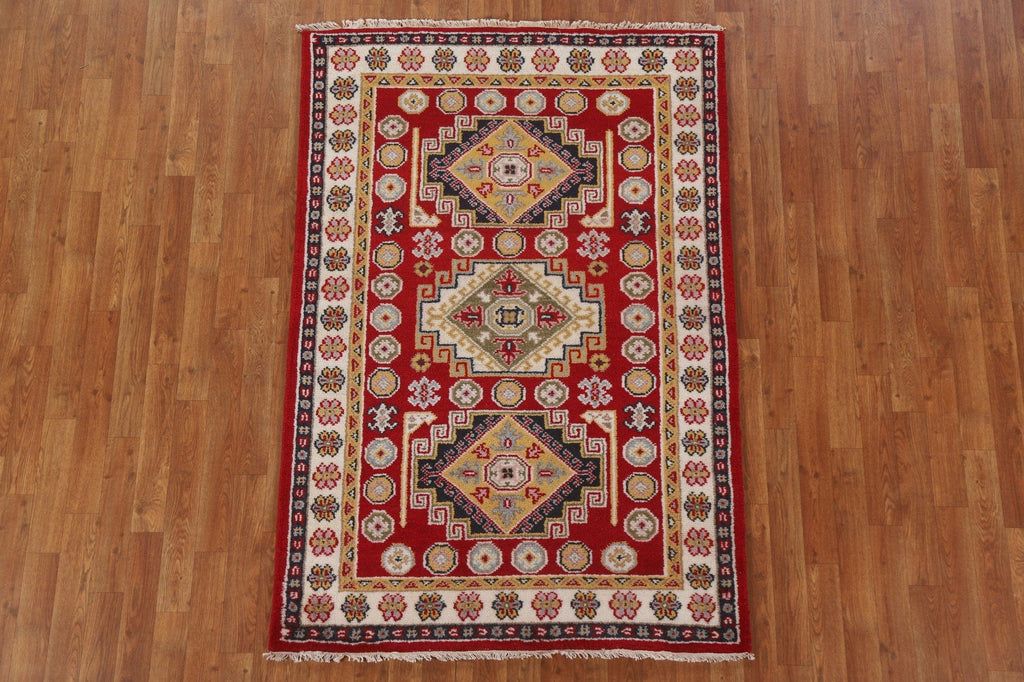 Red Geometric Kazak Oriental Area Rug 4x6