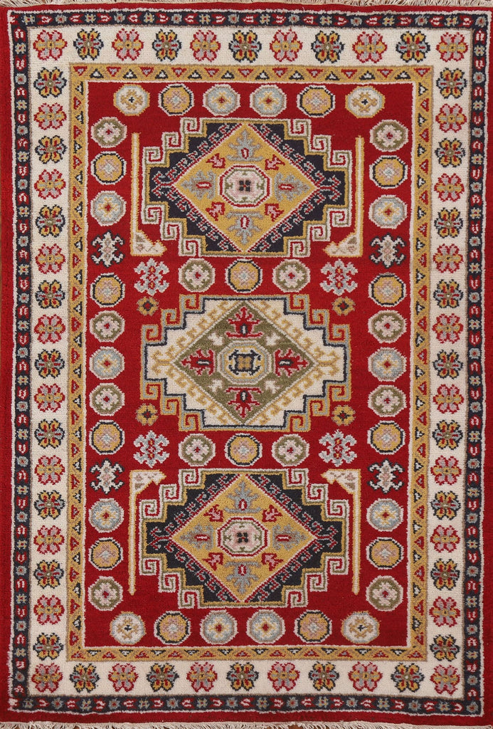 Red Geometric Kazak Oriental Area Rug 4x6