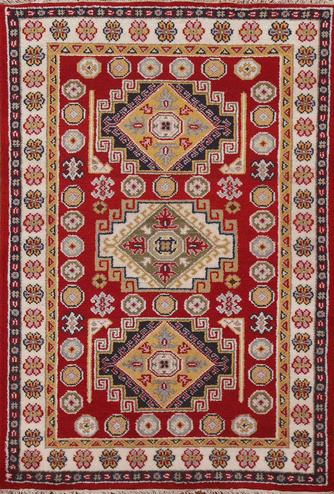 Red Geometric Kazak Oriental Area Rug 4x6