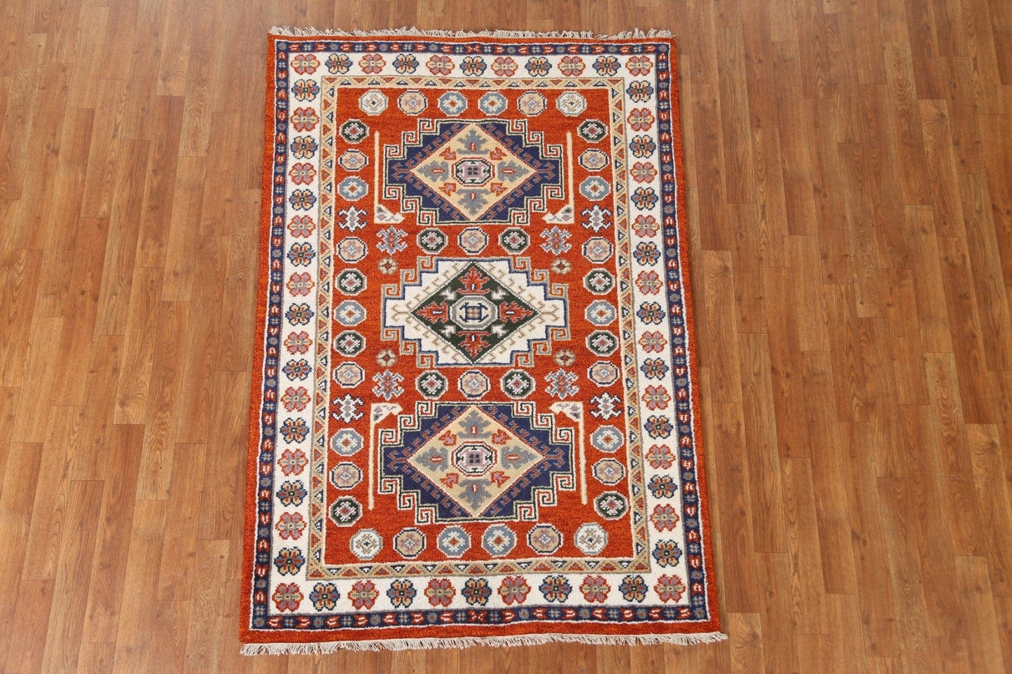 Orange Wool Kazak Oriental Area Rug 4x6