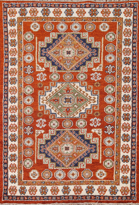 Orange Geometric Kazak Oriental Area Rug 4x6