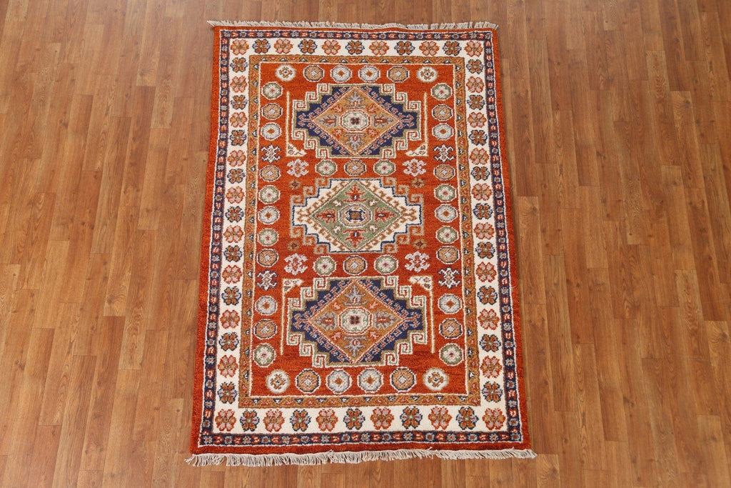 Orange Geometric Kazak Oriental Area Rug 4x6