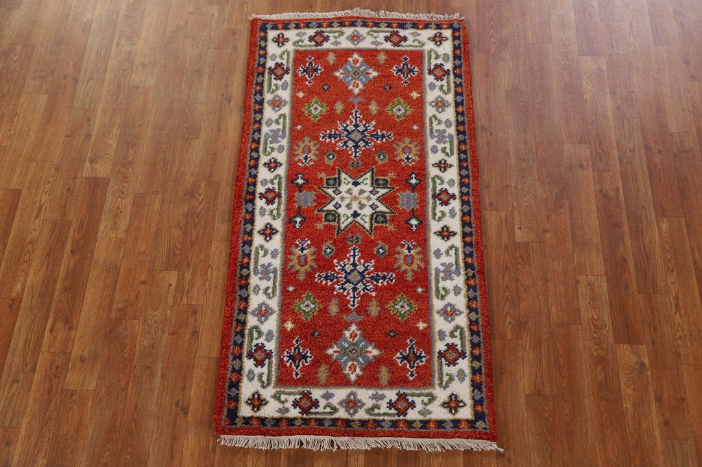 Red Geometric Kazak Oriental Runner Rug 2x5