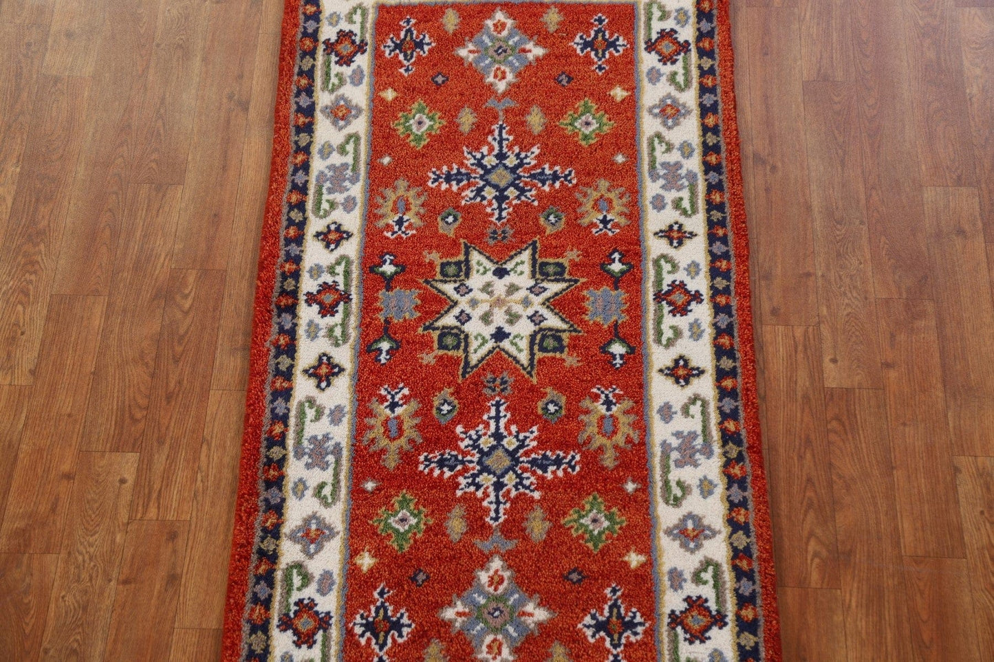 Red Geometric Kazak Oriental Runner Rug 2x5