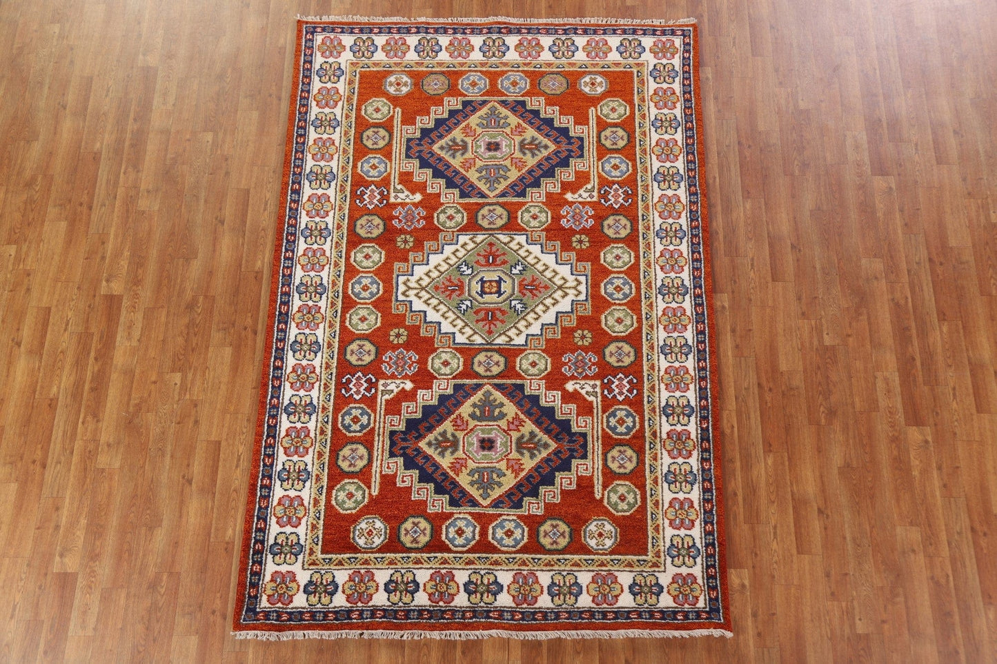 Orange Wool Kazak Area Rug 5x8